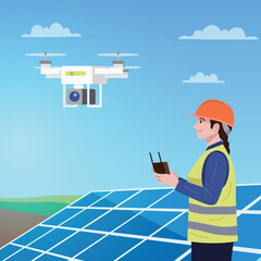 A female worker uses a drone to maintain a solar cell.