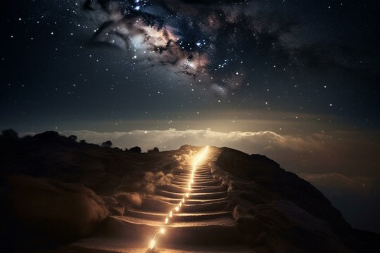 A celestial path leading to the light and unknown destination, symbolizing hope and spiritual journey. Generative AI