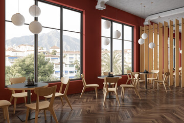 Wooden cafe interior with chairs and table in row, dining space with window