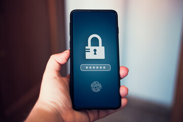 Woman accessing to user's personal information on smartphone. Sign in or log in with username and password. Cyber security and data protection. Fingerprint access.