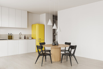 Stylish home kitchen interior with dining and cooking space, mock up wall