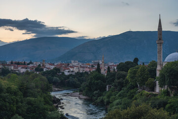 Historical Mostar Old town at sunset, travel to Bosnia and Herzegovina