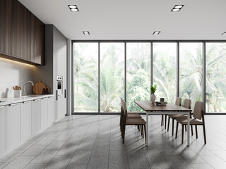 Modern home kitchen interior with cooking and eating space, panoramic window