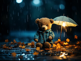Alone Teddy bear hanging umbrella in the raining time, feeling sad and alone use for background and wallpaper, illustration