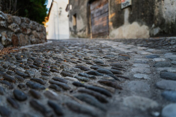 Stone historical pavement in the old town of Mostar, Bosnia. Close up, abstract background