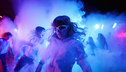 Beautiful girl in white sunglasses dancing in a rave party in a club with smoke, mover lights, haze and strobes create an amazing club atmosphere. - obrazy, fototapety, plakaty