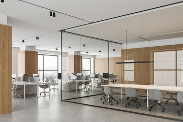Modern office room interior with workplace and meeting room, panoramic window