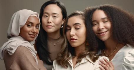 Diversity, women and group portrait in studio, beauty and support for inclusion, empowerment and equality. Community, face and happy people for skincare, natural and wellness on gray background
