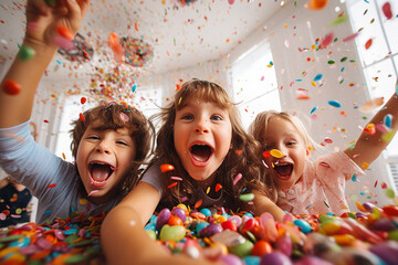 Happy kids at a vibrant party, surrounded by a whirlwind of colorful confetti. Their faces are lit up with pure joy as they revel in the festive atmosphere. Ai generated