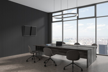 Grey business room interior with meeting table and seats, panoramic window