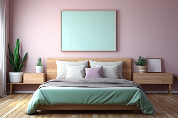Bilderrahmen mit hellgrüner freier Fläche zur Bildpräsentation über einem Bett im skandinavischen Stil mit Bettwäsche in Pastelltönen Hellgrün, Magenta, Beige vor einer Wand in Pastell Pink. - 639534368