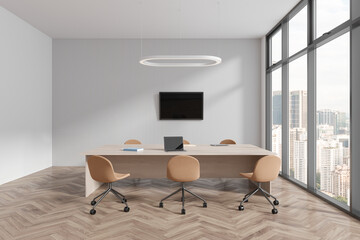 White office room interior with chairs and meeting table, panoramic window