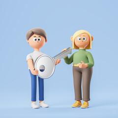 Cartoon man and woman holding big house key