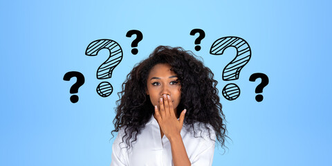 African woman with surprised look, covering her mouth, question marks
