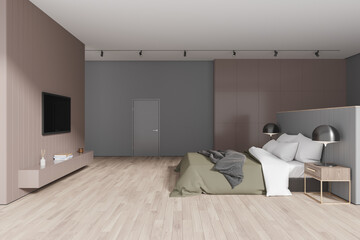 Stylish home bedroom interior with bed, tv zone and invisible door
