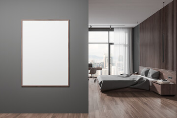 Grey bedroom interior bed and workplace near panoramic window. Mockup frame