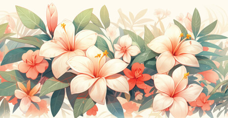 Watercolor Vintage Plumeria Design with Complementary Colors Background