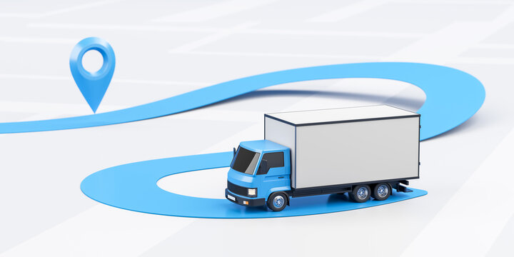 Truck on blue road with location marker, abstract city road. Mockup