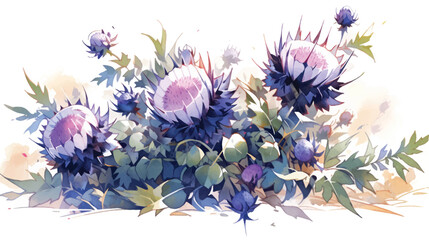 Watercolor Vintage Spiky Thistle Pattern with White Background