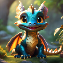 Cute dragon in the magical forest digital animation