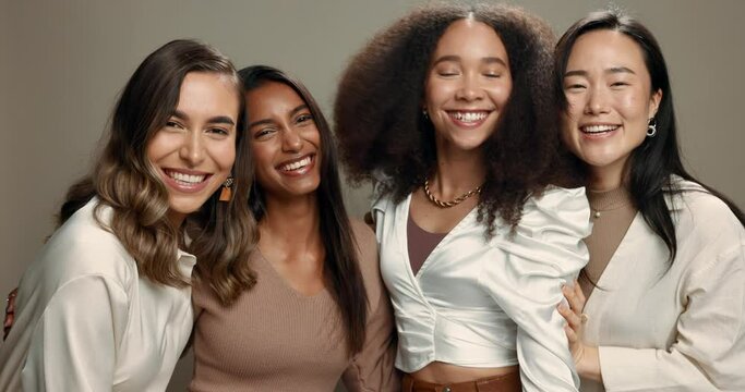Cosmetic, diversity and face of friends with fashion, elegant and trendy outfit for classy style. Makeup, beauty and portrait of young women models with natural facial routine by a studio background.