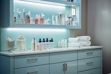 Well-lit, unoccupied beauty cabinet in a contemporary aesthetic clinic. Dermatologist's medical office in a cosmetic and skincare treatment salon. Generative AI
