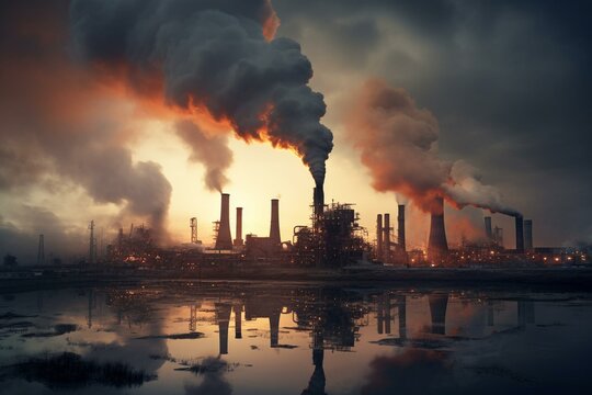 Industrial air pollution portrayed by a factory releasing smoke from stacks. Generative AI