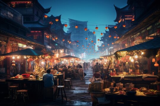 Vibrant and bustling night market street in China