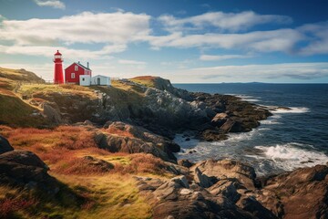 Red lighthouse on Twillingate Island, Newfoundland with a vibrant blue sky. Generative AI