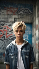 Fototapeta premium Blond asian young man wearing t-shirt and jeans standing in front of a wall with graffiti for Mockup