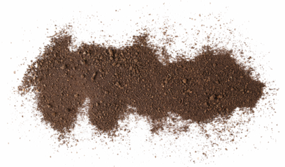 Soil, dirt scattered isolated on white background and texture, top view
