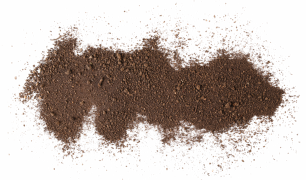 Soil, dirt scattered isolated on white background and texture, top view
