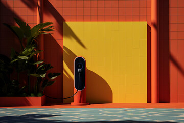 A modern, electric vehicle charging station, minimalistic, abstract art style, vibrant, primary...
