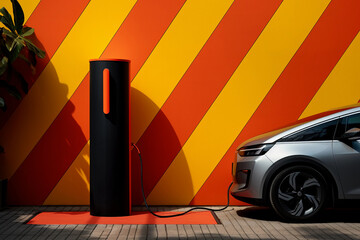 A modern, electric vehicle charging station, minimalistic, abstract art style, vibrant, primary...