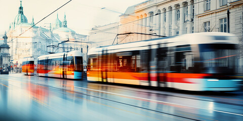 Abstract interpretation of a cityscape with electric buses and trams, vibrant, bold, cubist style, dynamic energy, electrified lines representing paths of travel