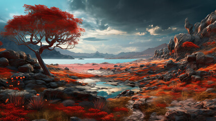 3d landscape, tree and river