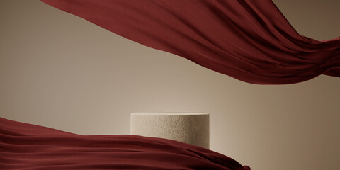 Stone podium and satin fabric floating on beige background. Luxury product placement mockup with...