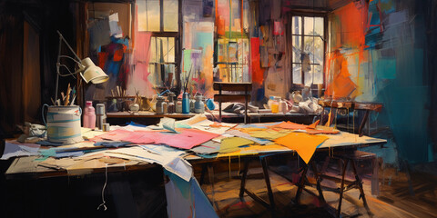  vintage atelier, sketches strewn about, vibrant fabric swatches scattered across a rustic wooden table, drawn in a loose, energetic style, bright colors, textured brushstrokes