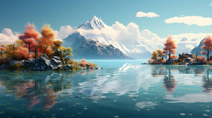 3d beautiful  landscape, mountain and lake - obrazy, fototapety, plakaty