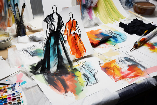A graphic representation of fashion design sketches in progress: bold line drawings, splashes of watercolor, fabric samples, neon color palette, dynamic composition