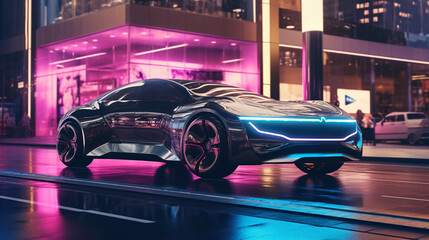 Futuristic concept, electric autonomous vehicle in a neon - lit cityscape, aerial view, sharp details, bright city lights reflected on metallic body, crisp