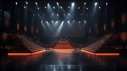 a fashion runway empty stage: spotlights, long runway, anticipation, front row seats, large venue,...