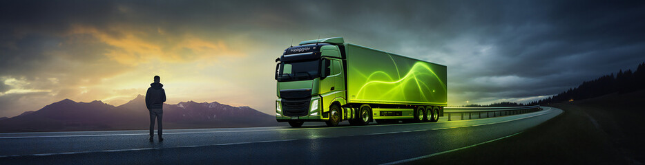 Electric Truck on road, truckdriver standing in front