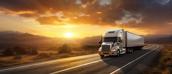 Semi Truck driving on road, sunset in background