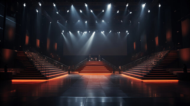 a fashion runway empty stage: spotlights, long runway, anticipation, front row seats, large venue, atmospheric