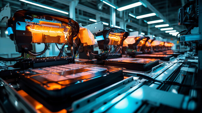 Stunning Image Of Electric Vehicle Battery Packs Assembly Line, Industrial Setting, Large, Well - Lit Factory