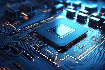 Computer board with processor and chips illuminated by blue light, representing advanced technology and computing.