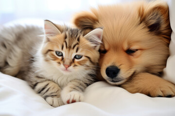 Fototapeta na wymiar Heartwarming scene capturing cat and dog peacefully sleeping on bed, sharing affectionate hug. Perfect for showcasing bond between different animal companions.