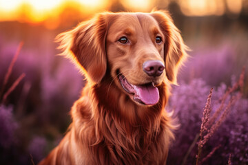 Beautiful Golden Retriever dog enjoying serene moment in field of lush purple flowers. Heartwarming scene of nature and companionship.