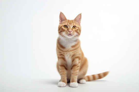 Adorable orange tabby cat sitting gracefully on white background. Charming portrait of content and curious feline companion.